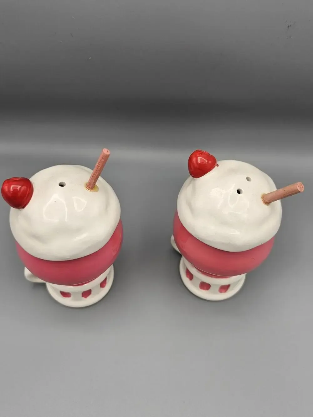 Vintage Lego Ceramic Salt and Pepper Shakers - Strawberry Milkshake Design